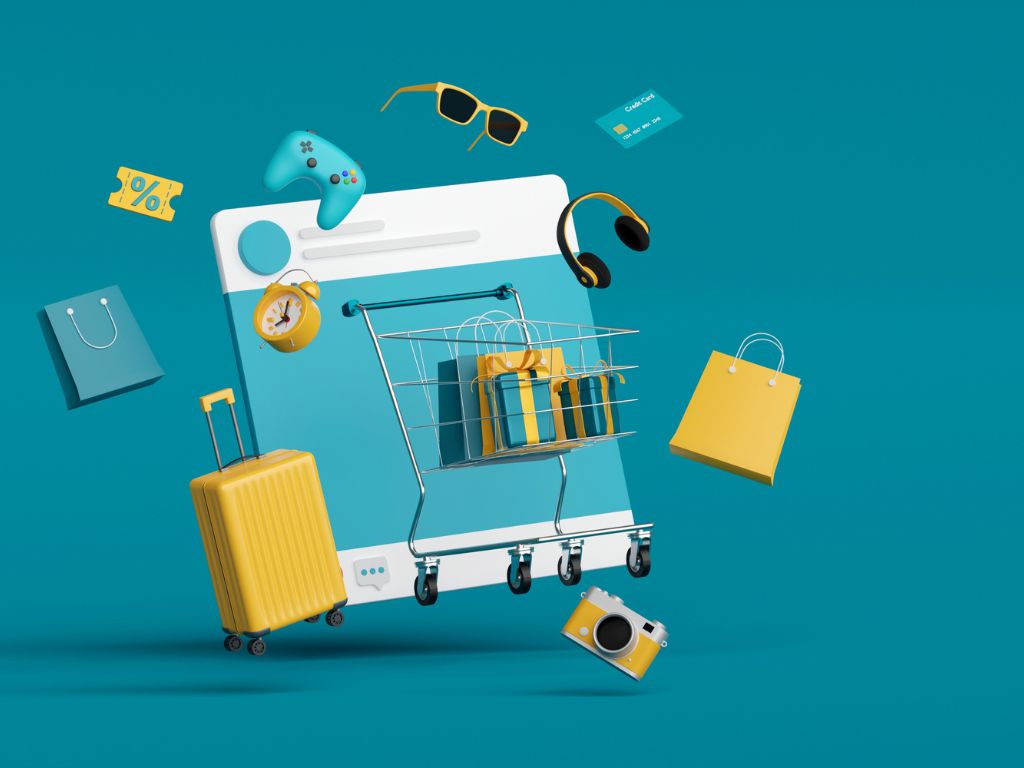 floating shopping items on a online basket